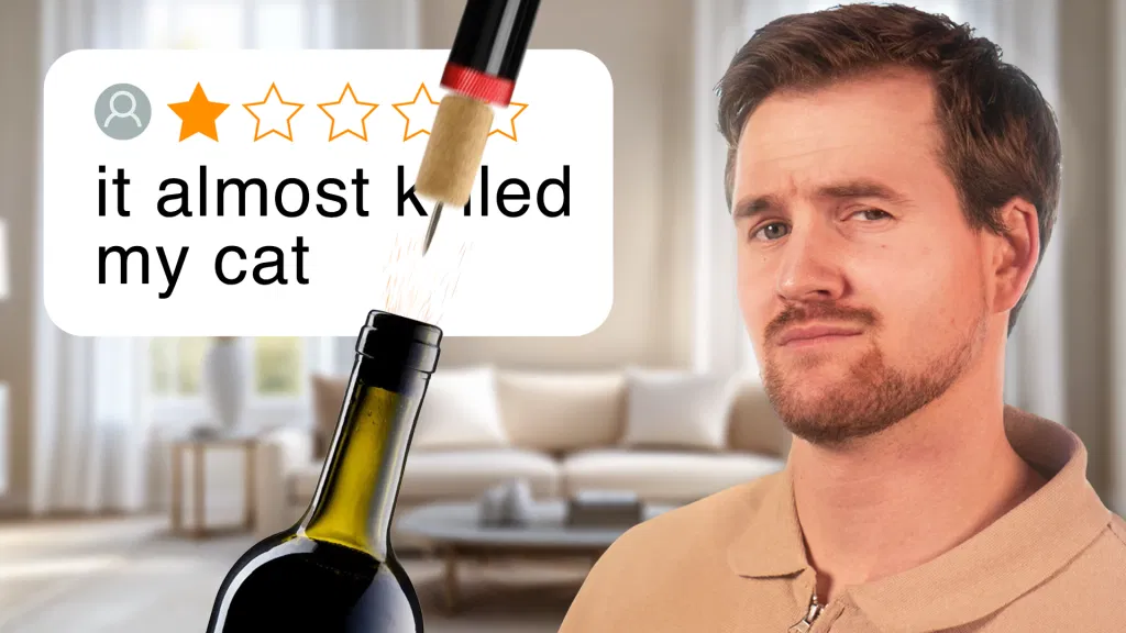 Video thumbnail showing Daniel portraited with a wine bottle and a pump wine opener and a bad written review stating "It almost k*lled my cat"